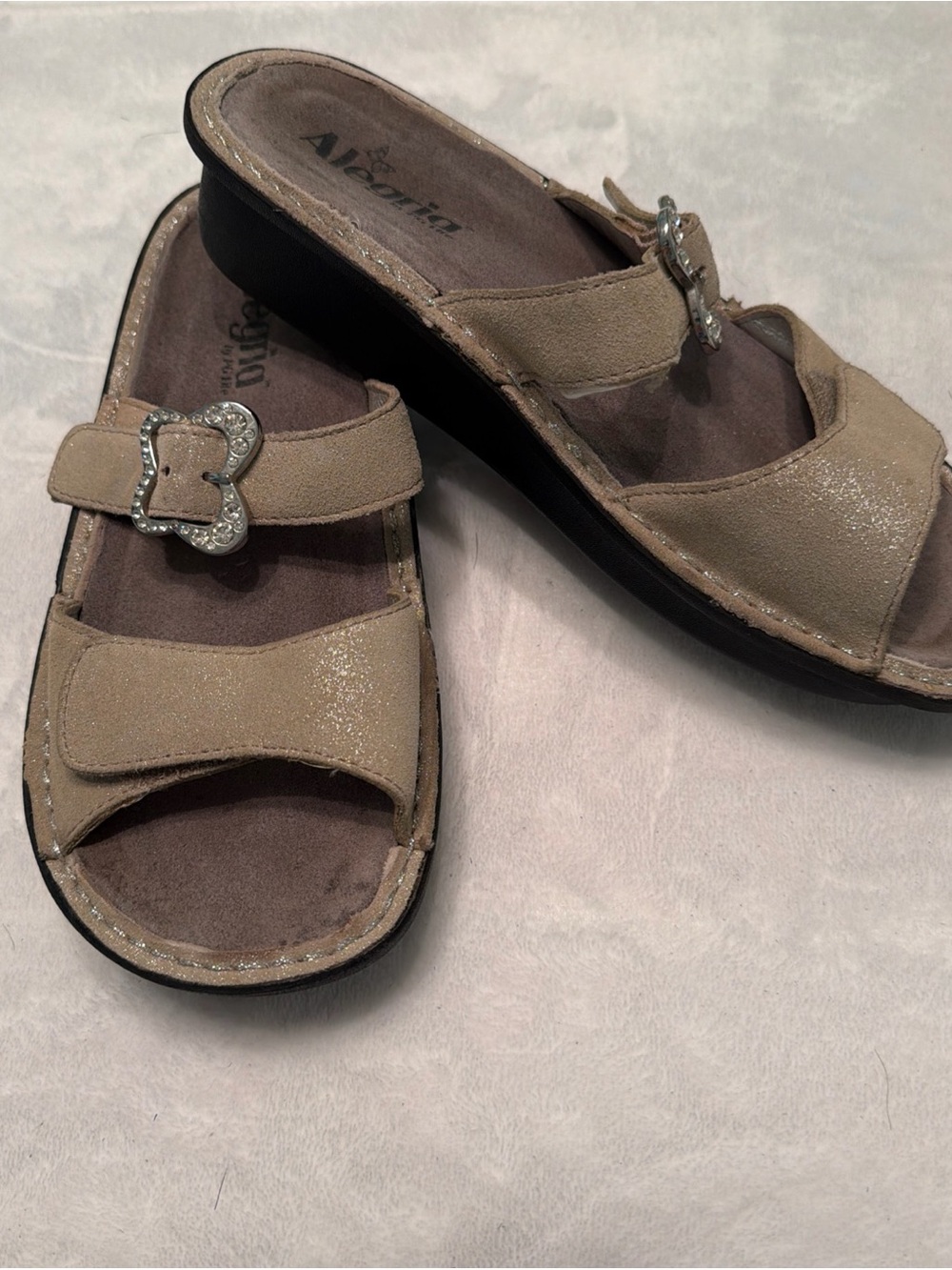 Alegria Mariposa Soft Pewter Suede 2 Strap Wedge Slide Sandals Women’s Sz UK 38